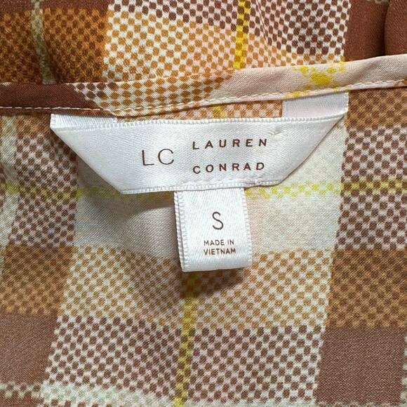 Lauren Conrad‎ Top Womens Small Tan Plaid Satiny Sheer Fall Western Country Boho - Picture 6 of 8